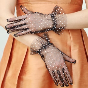 Black Short Gloves White Polka Dot Gloves Tulle Wrist Length Lace Gloves Opera Sheer Gloves Black Derby Gloves Mesh Short Wedding Gloves