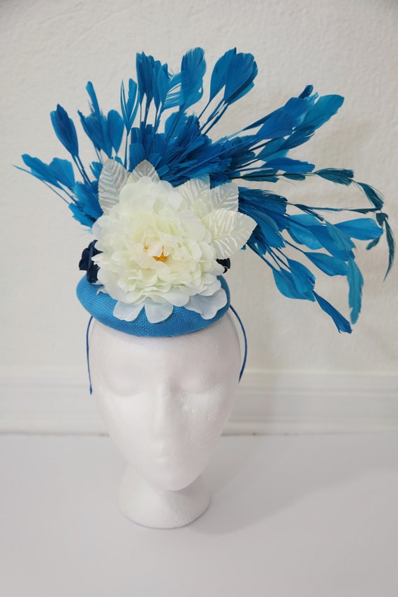 Kentucky Derby Flowerers Feathers Fascinator Blue White Hat  display picture 3