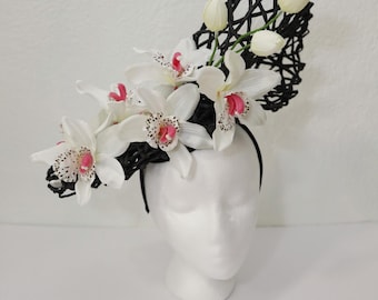 Black Kentucky Derby Hat White Orchid Fascinator Big Flower Wedding Guest Hat Flowers Garden Party Hatinator Pink Races Headwear