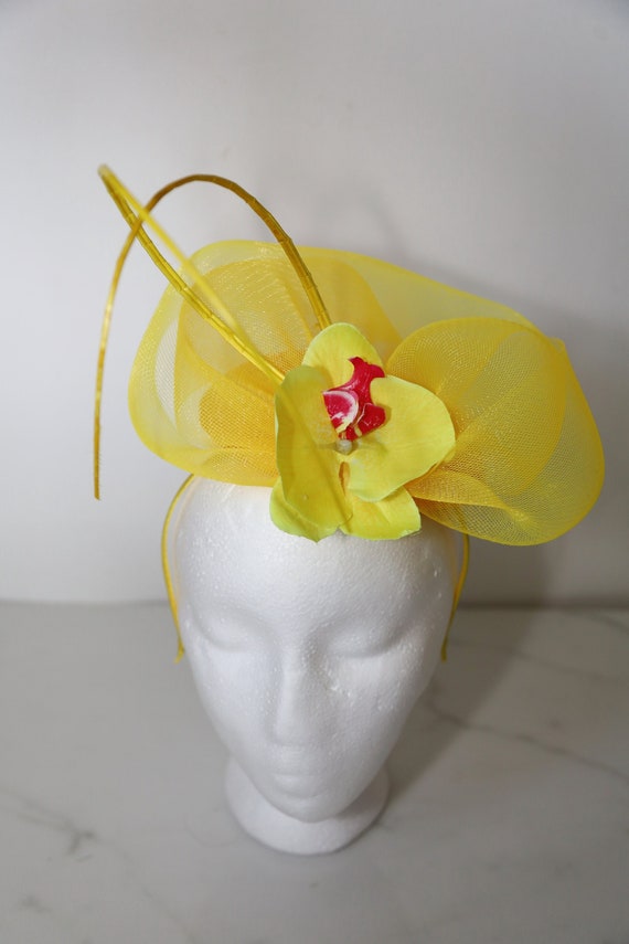 Yellow Orchid Fascinator Kentucky Derby Mesh Hatinator  display picture 1