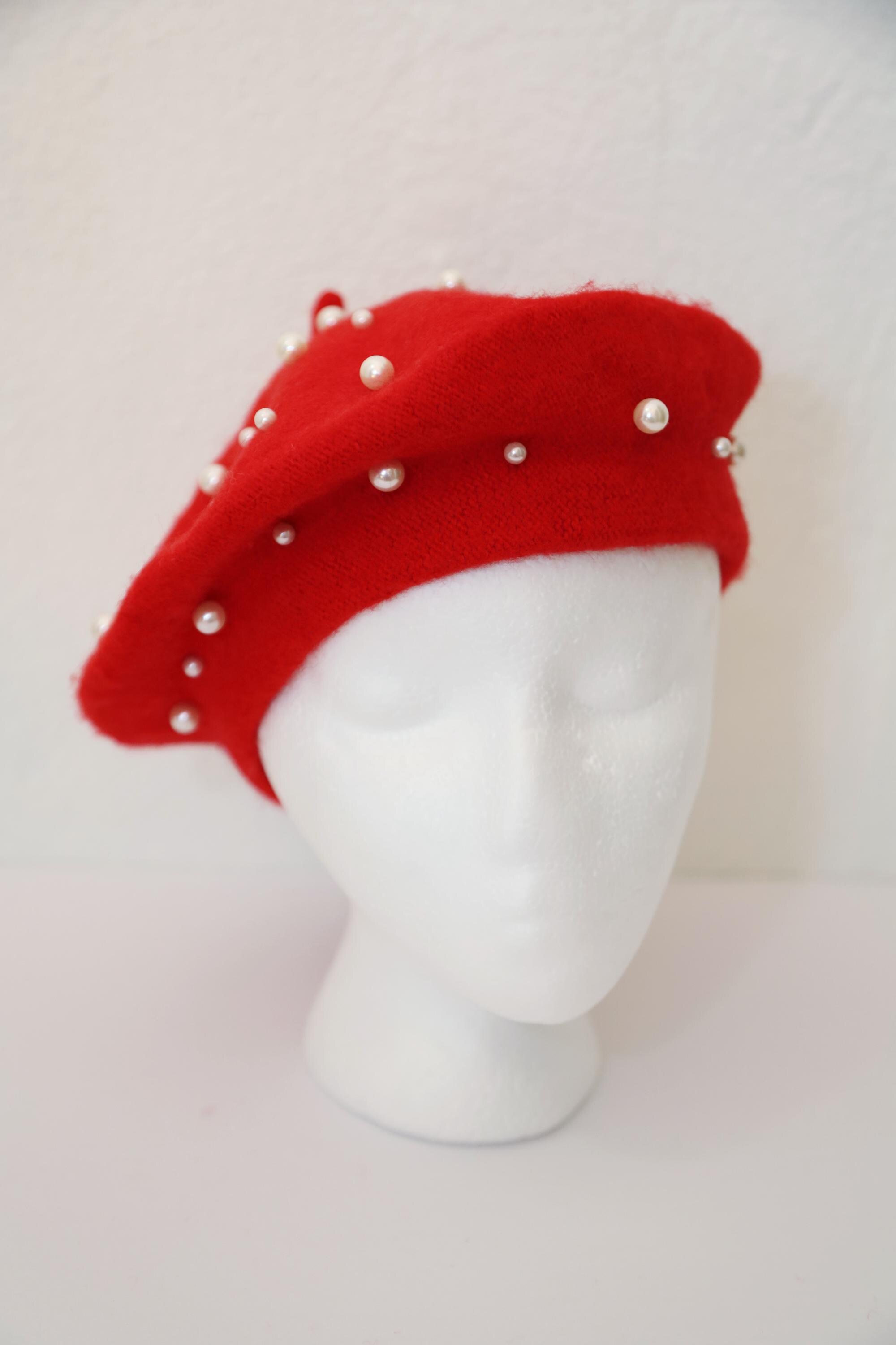 RED Pearl Details Beret FGSS Pearl Rhinestone Winter Wool French Beret Hat Artist  main image 3