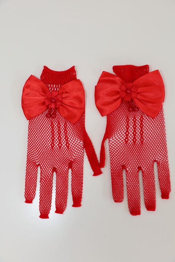 Kids Red Fishnet Gloves Bow Pearl Detail Halloween Costume