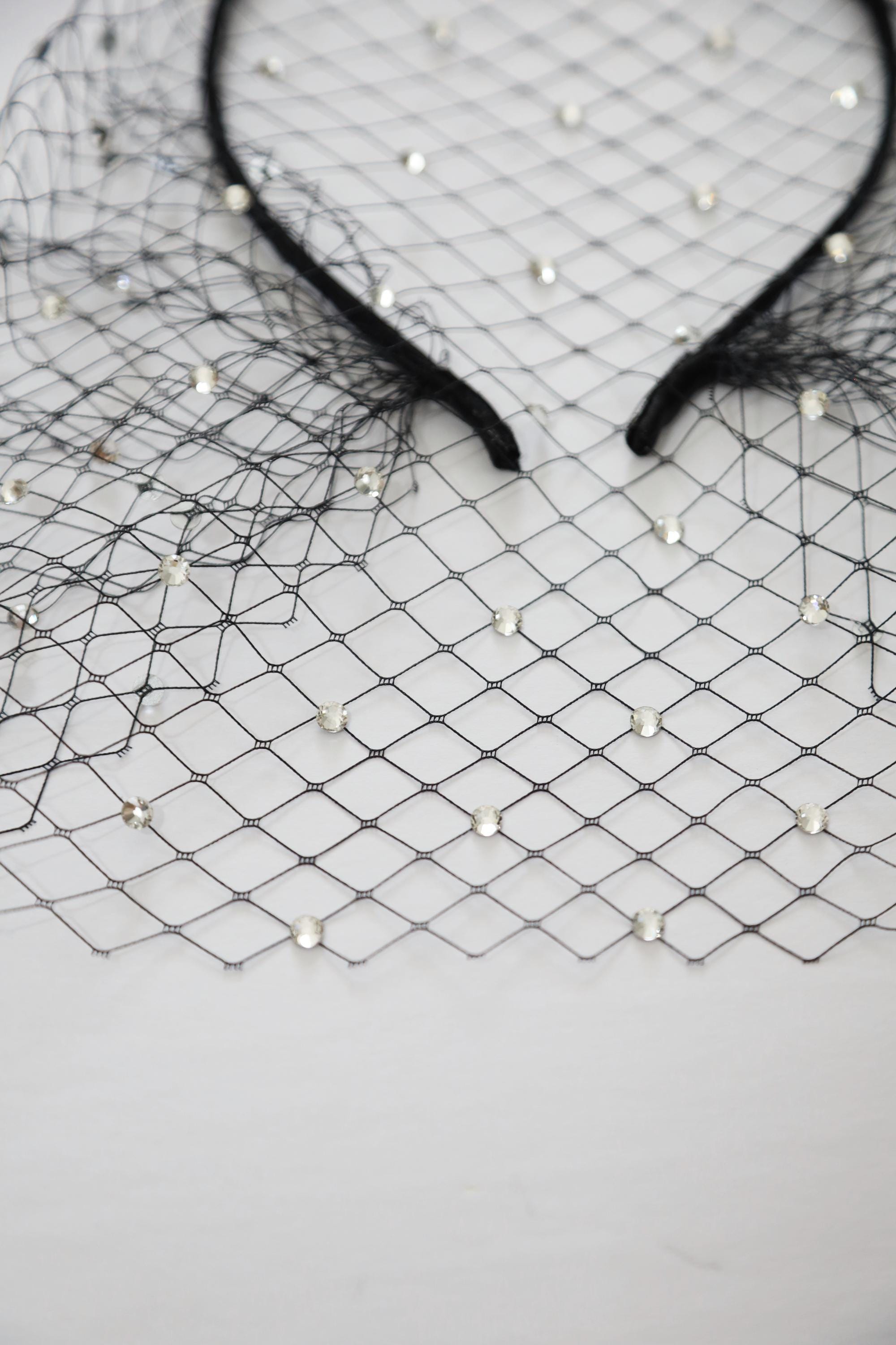 Black Crystal Birdcage Veil Headband: Evening Party 