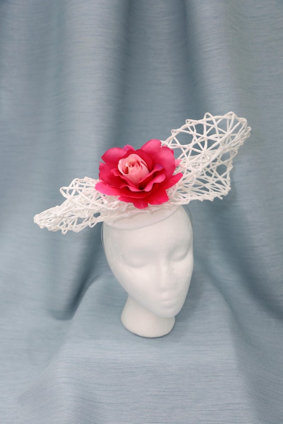 White Kentucky Derby Hat Pink Flower Fascinator Flowers 