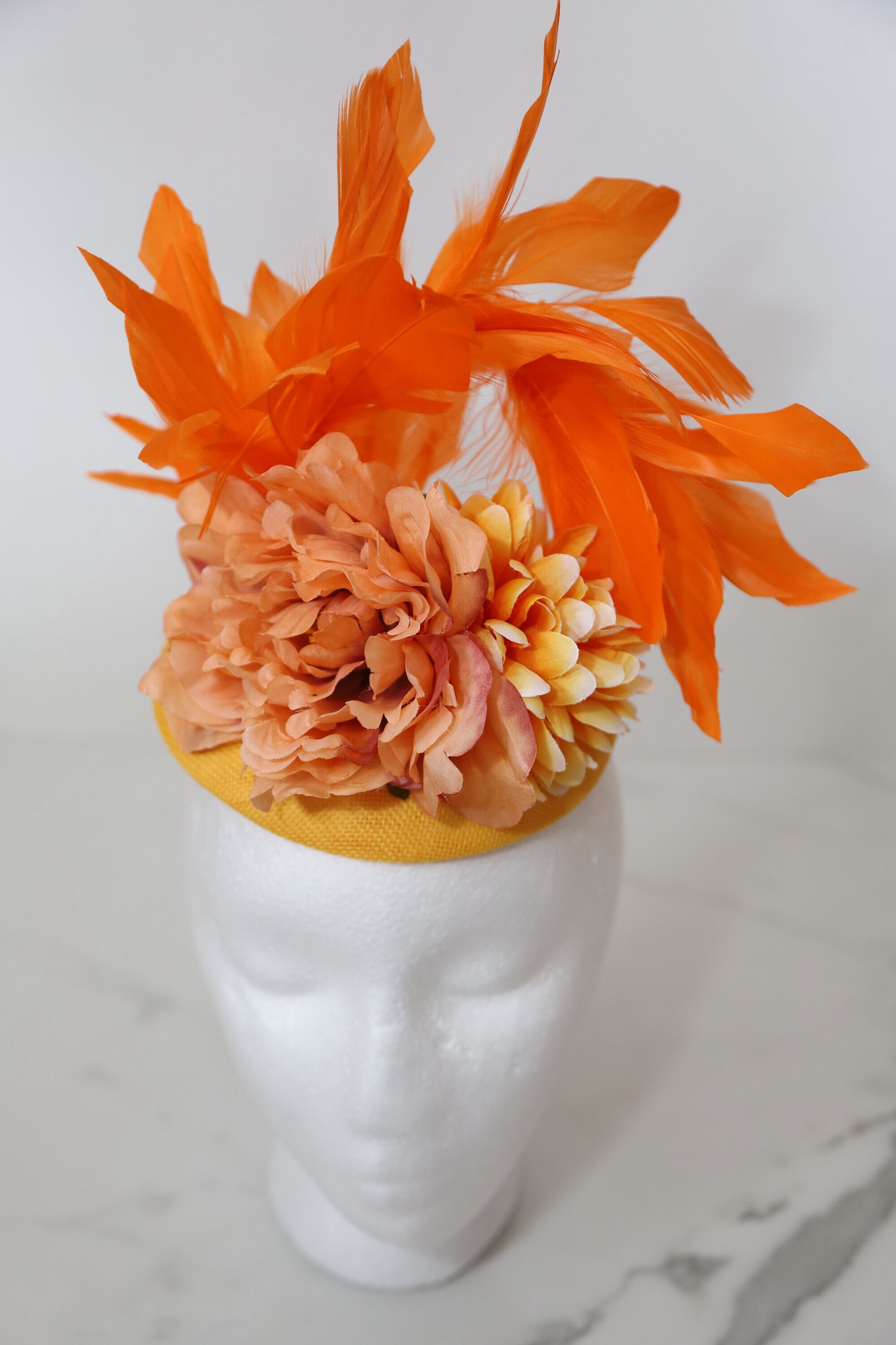 Derby, Tea Party, Wedding Guest fascinator, orange, yellow, feathers, flowers Fifi Fascinator - Vibrant Two-Tone Lightweight Kentucky  main image 4