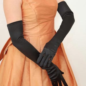Black Satin Gloves Over The Elbow Length Long Gloves Stretch 21.5&quot; Black Opera Gloves Wedding Ball Prom Vintage Style Party Elegant Gloves