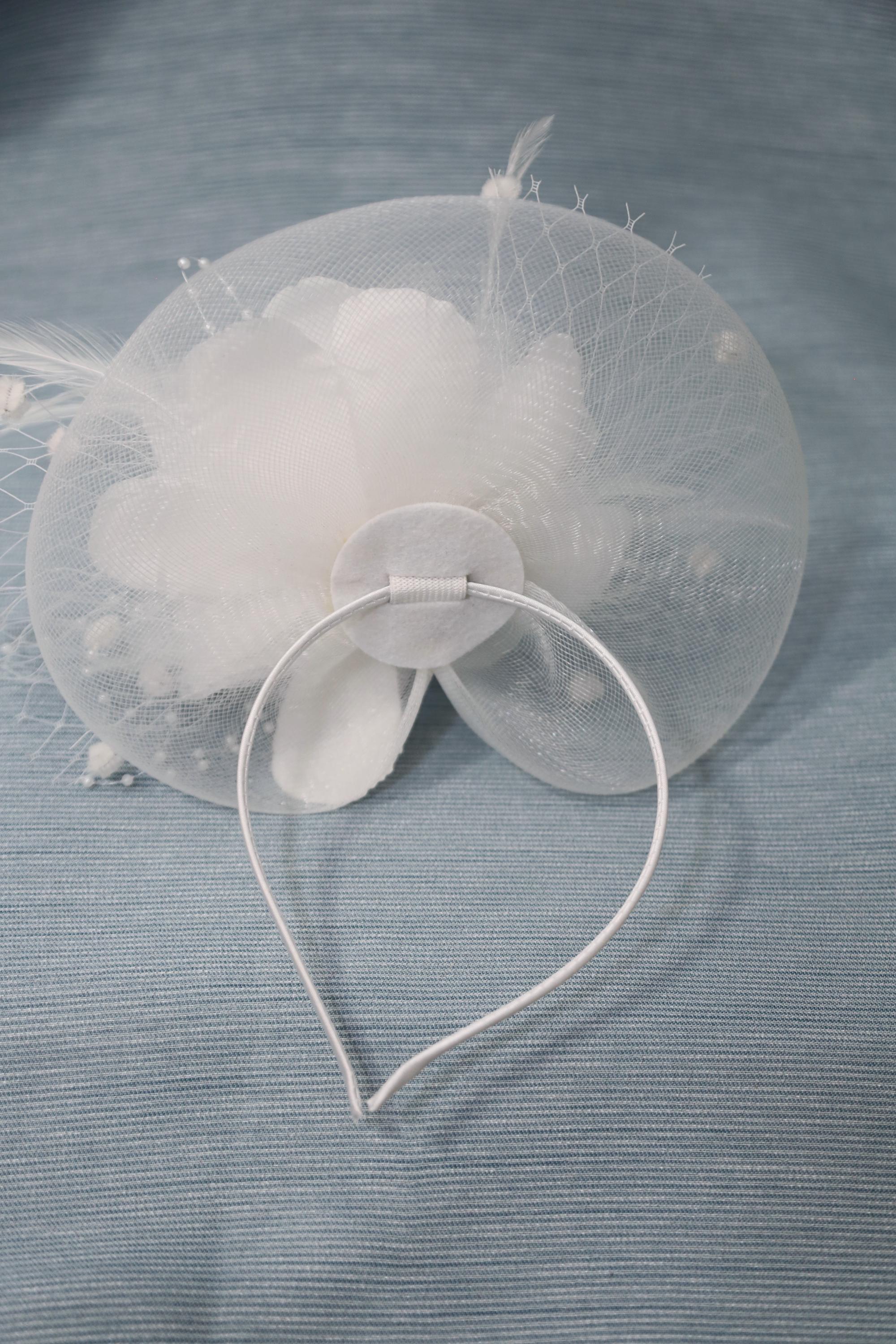 White Organza Flower Fascinator Church Feather Wedding Veil Derby Hair Clip Ostrich Ivory Kentucky Derby Hat Clip | Wedding Hair  main image 3