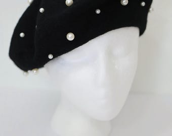 Black Wool Beret With White Pearl Embellishments - Etsy
