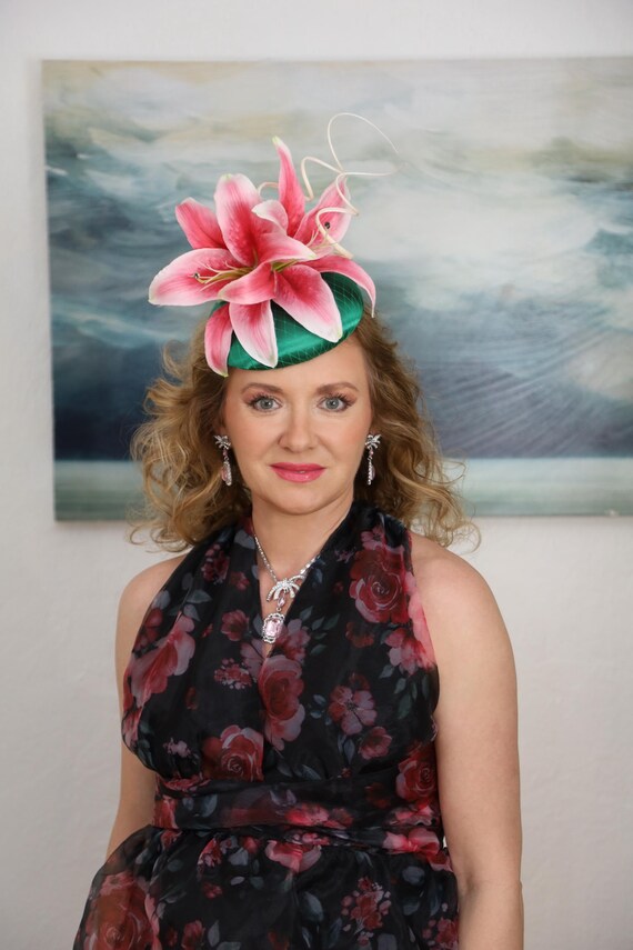 Women’s Floral Feather Fascinator Hat in Pink and Green Feather Tulle Hairpiece - Blue - Masquerade Store main image 2