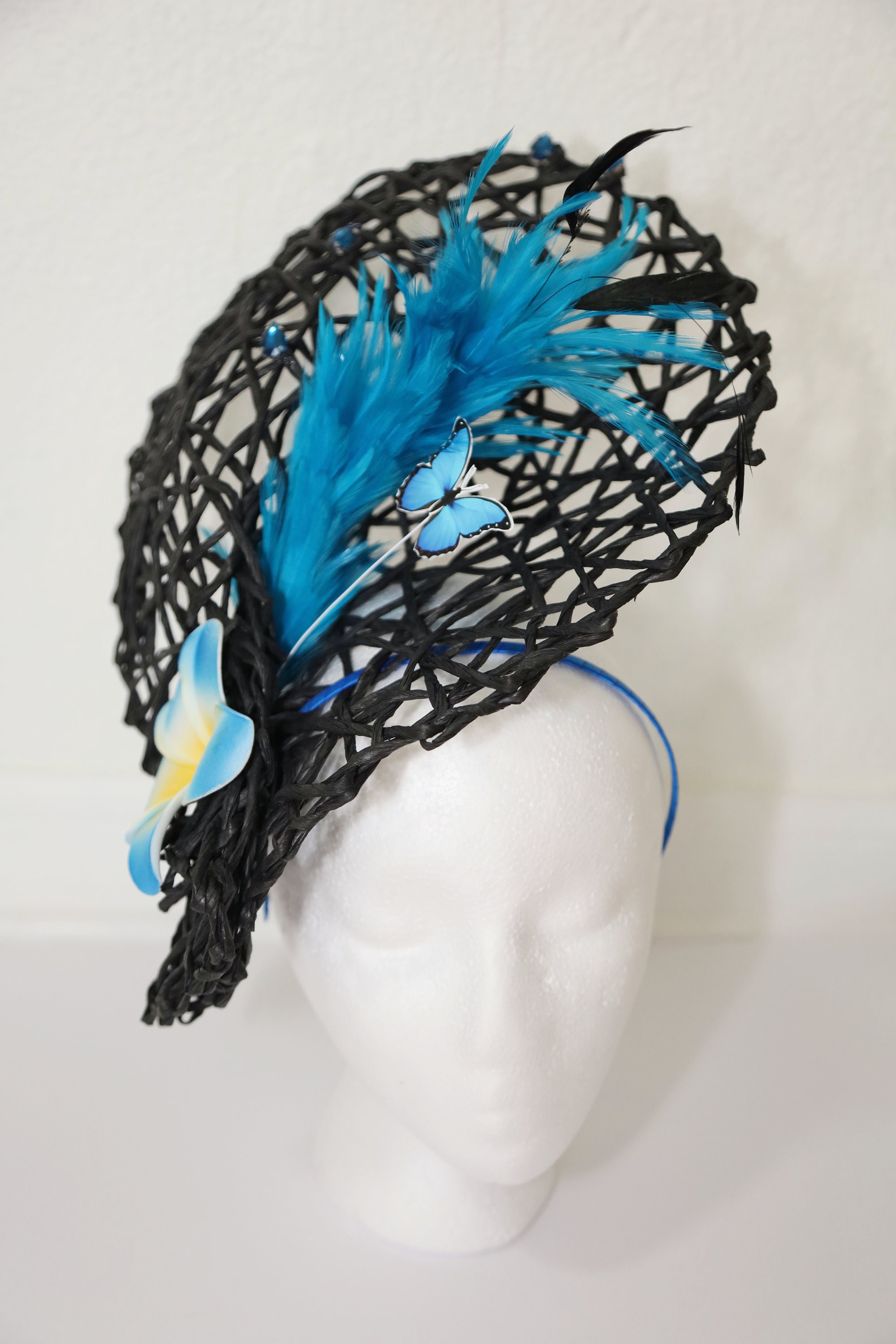 Bodacious Black Blue Floral‎  Feather  Fascinator Derby Church Tea Hat American Trends Fascinators for Women, Derby Tea Party  main image 2