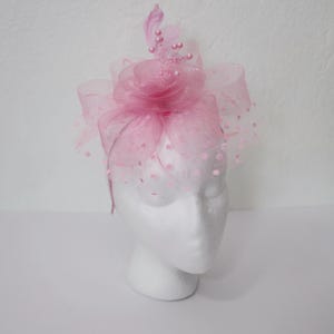 May include: A pink headpiece with a floral design and a sheer, dotted overlay. The headpiece is adorned with small, round beads and a delicate feather. It is displayed on a white mannequin head.