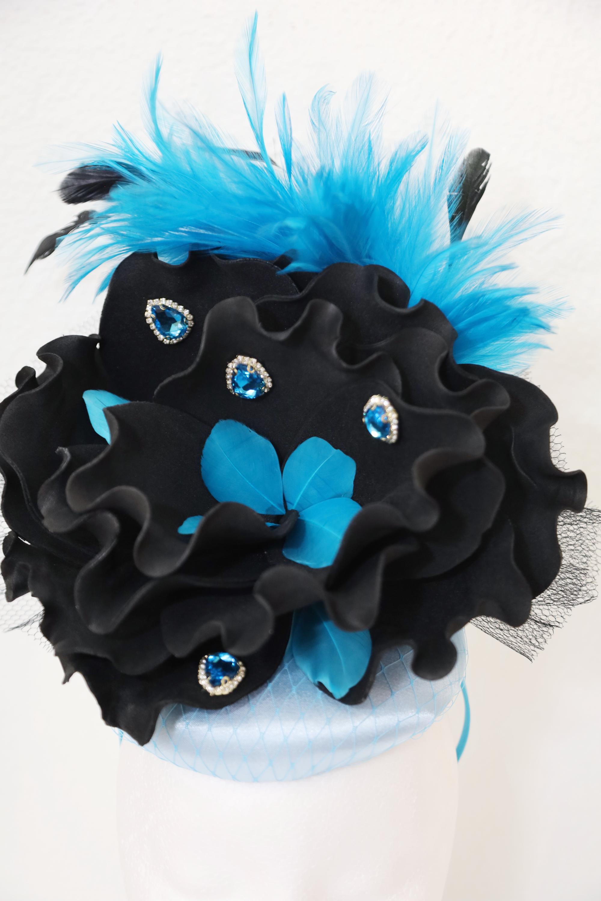 Bodacious Black Blue Floral  Feather  Fascinator Derby Church‎ Tea Hat Blue Feather Fascinator: Black Flower Kentucky Derby Hat - Etsy main image 3