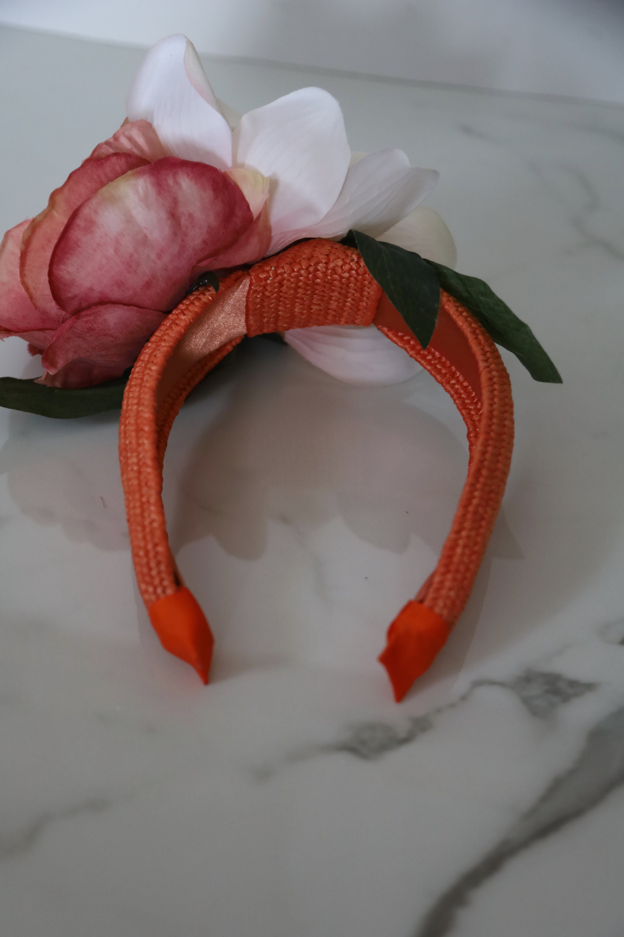 Derby, Tea Party, Wedding guest flower headband. Orange, white, pink kentucky derby hat fascinator neutral cream satin rose  main image 3