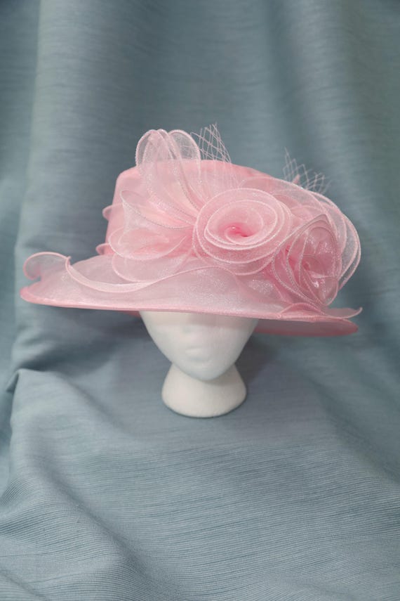 Pink Womens Organza Wide Brim Flower Fascinator Hat Lightweight Elegant Sun Hat Women Organza Church Hat Floral Wide Brim Fascinator Derby  main image 4