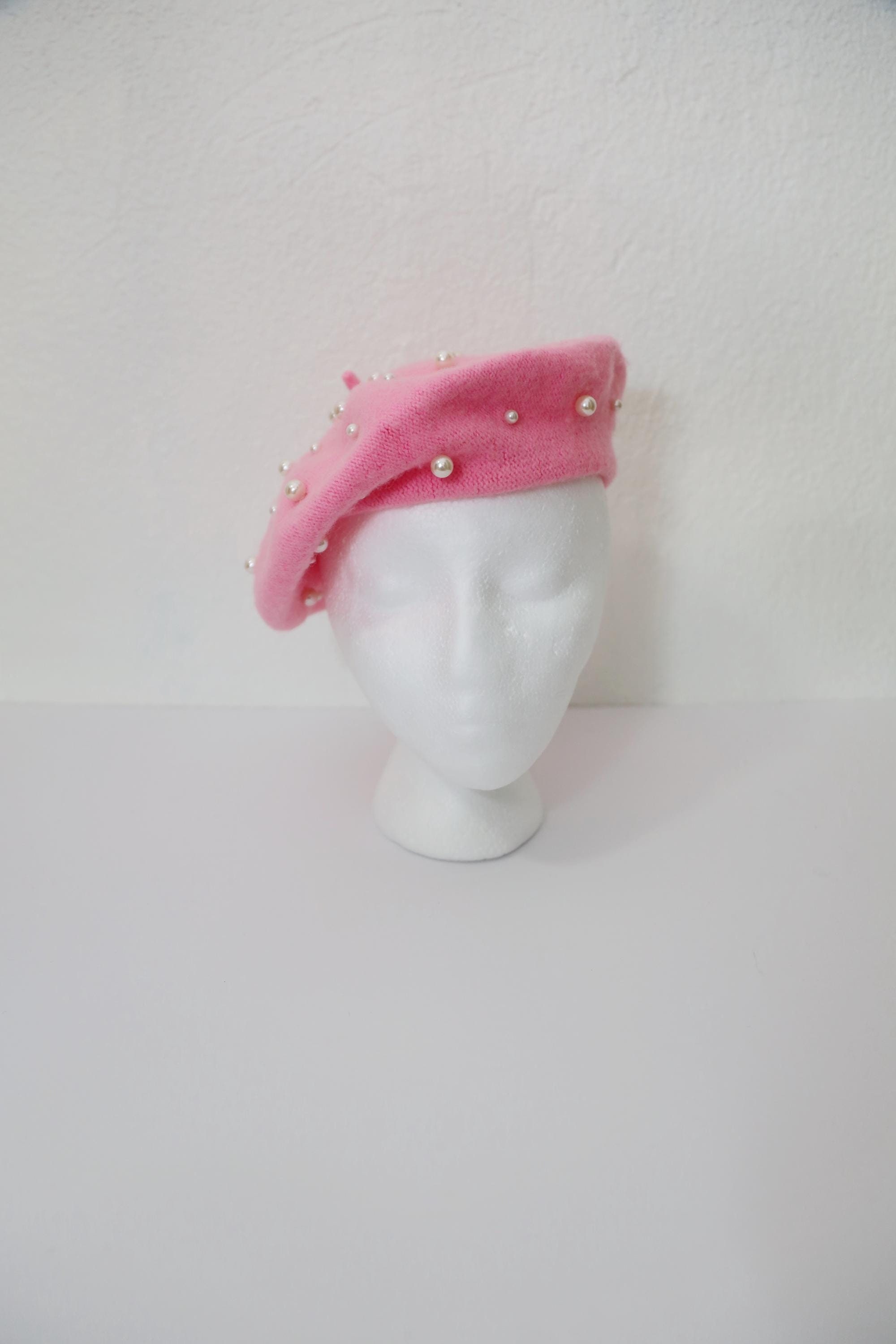 Candy Pink Wool Beret With White Pearl Embellishments