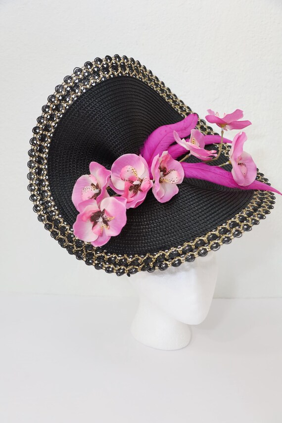 Elegant Black Derby Hat with Fuchsia Orchid Accent Black Kentucky Derby Fascinator: Fuchsia and White Flowers  main image 2