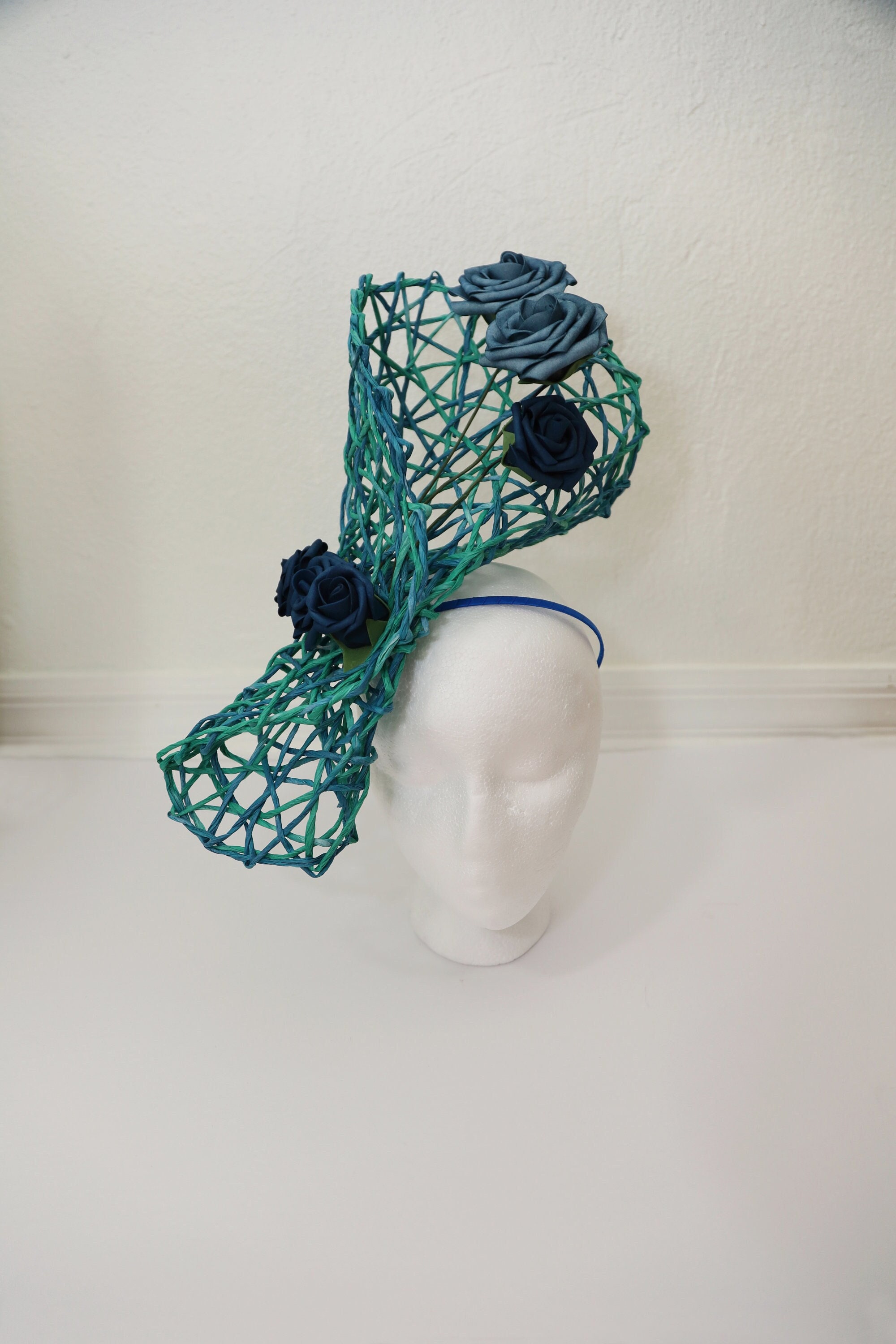 Elegant Green Fascinator with Kentucky Blue Roses KY Derby Hat Church Tea Formal Woman Wedding Fascinator Hat Green and Blue - Green Kentucky  main image 4