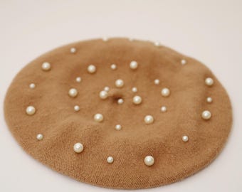 Camel Beret With Pearls White Pearls Beret Perl Embellished 