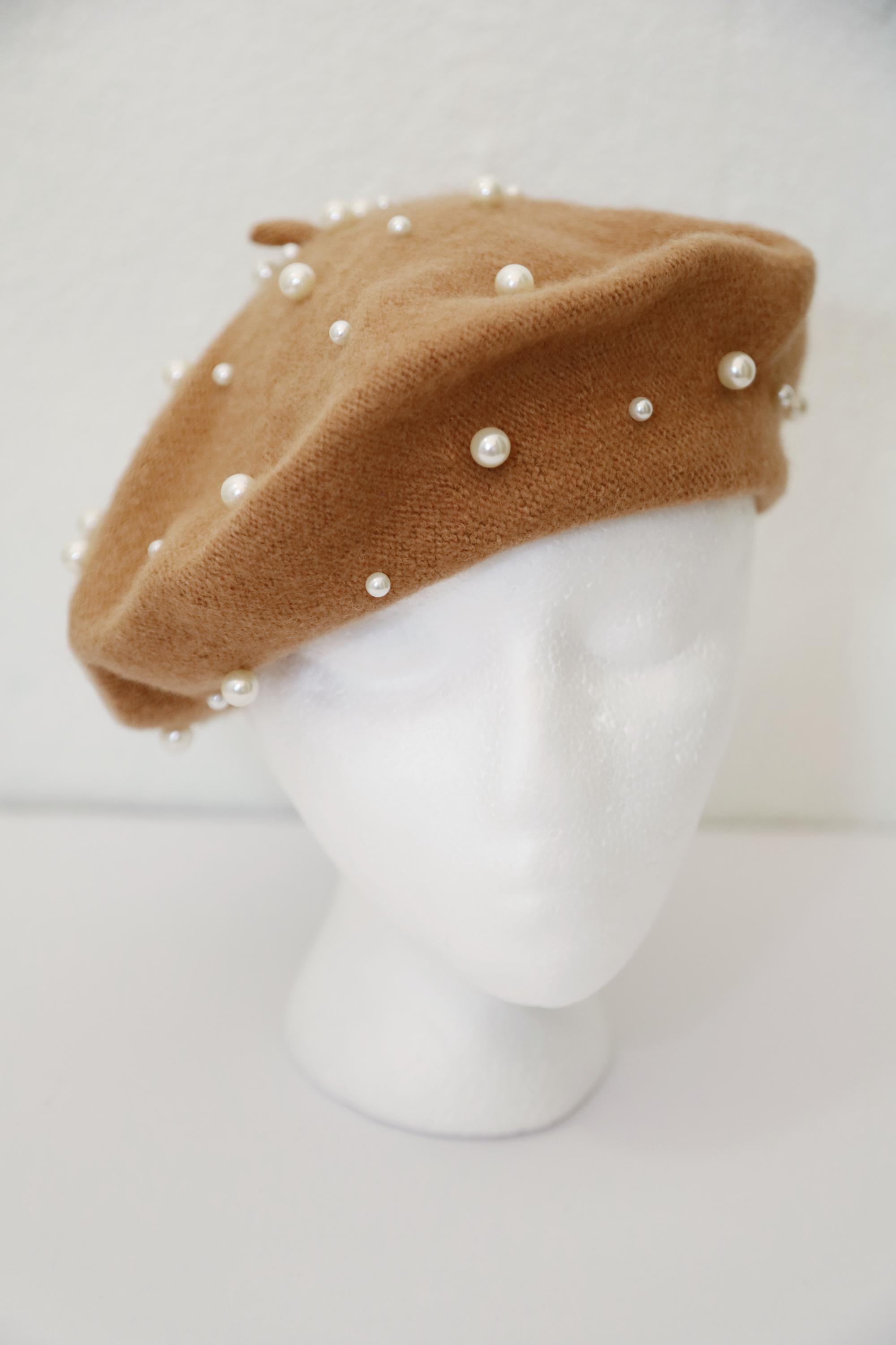 Camel Beret With Pearls White Pearls Beret Perl Embellished  display picture 2