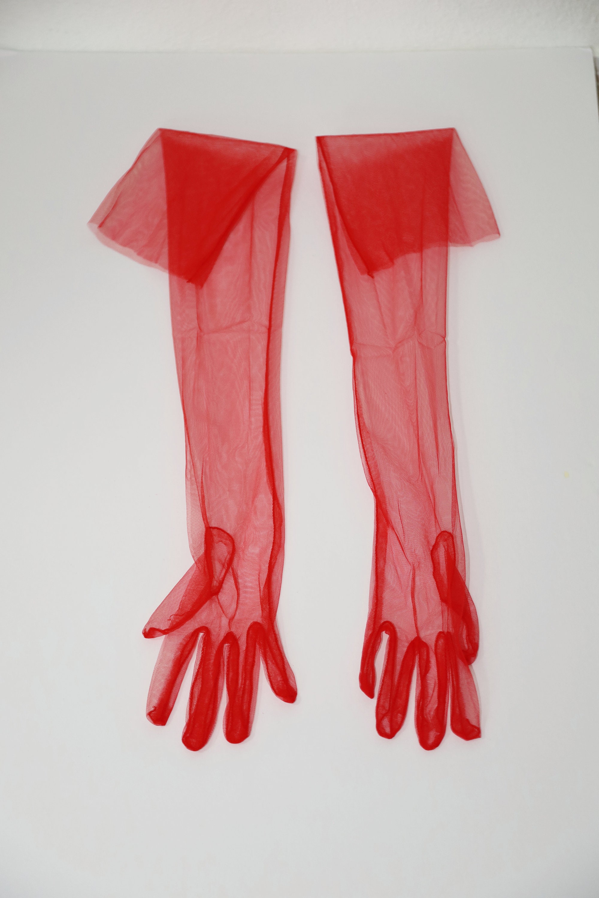 今季一番 Ultra Gloves Tulle Sheer Long Red Thin Finger Full Stretchy Gloves