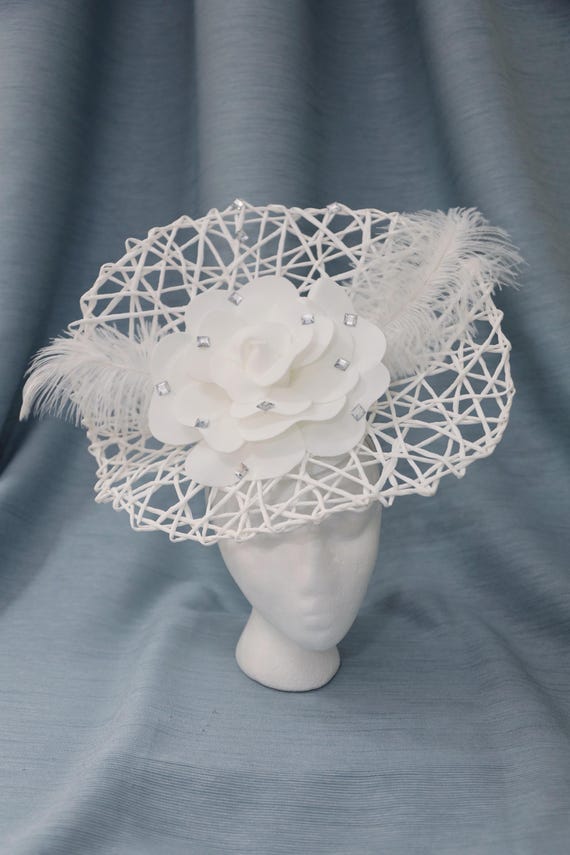 White Kentucky Derby Hat Straw White Wedding Guest Hat Big  display picture 2