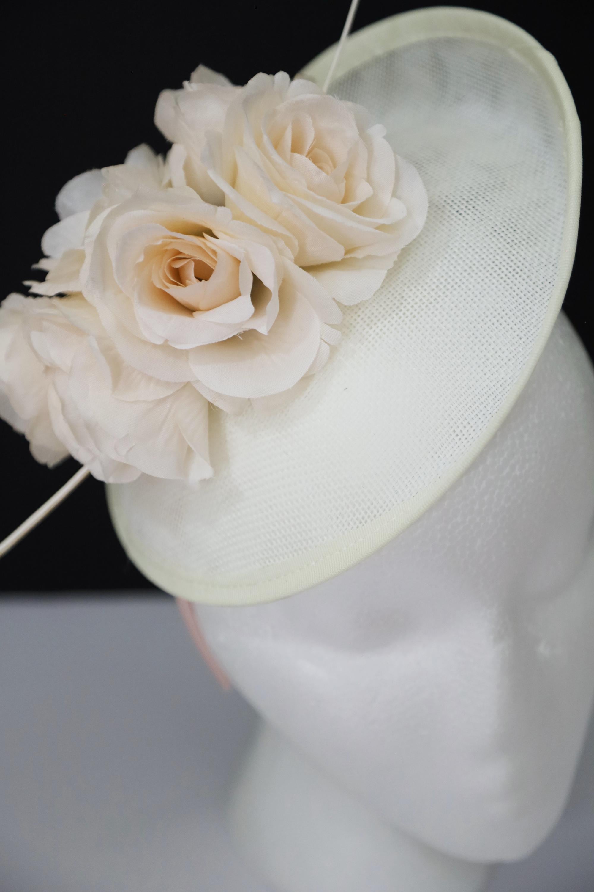 Kentucky Derby Fascinator Hat – Crinoline Flower Feather Fascinator Cream Ivory kentucky derby hat fascinator neutral beige sinamay with  main image 2