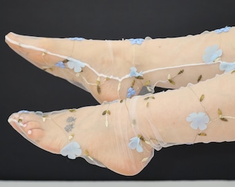 Blue Embroidered Socks Flowers Tulle Socks Transparent Long Mesh Thin Socks Sheer Socks Light Blue Flower Petals Socks White Lace Socks