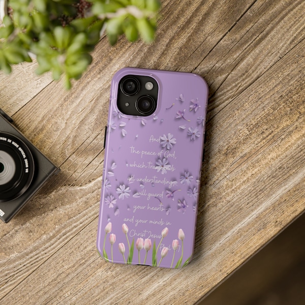 Phil 4:7 Flowers Purple Christian Bible scripture verse iPhone 15 14 13 12 Pro Max Plus Tough cell Phone Case