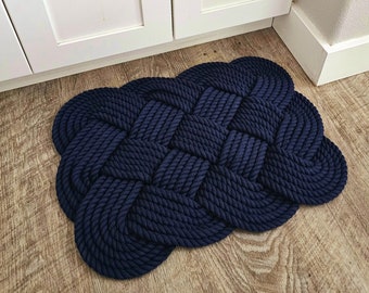 Soft Cotton Bathmat Navy Blue 21" x 15" Hand Woven Nautical Coastal Beach Rope Rug Floormat Plush Absorbent Shower Luxury Cozy Tub Bathroom