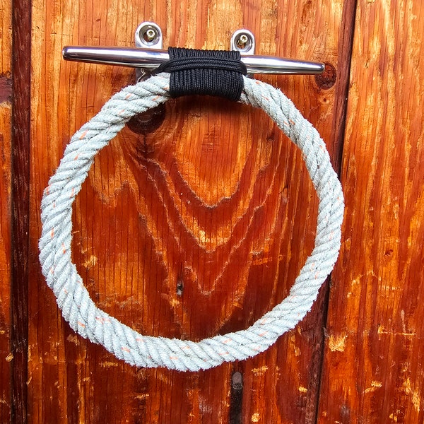 SILVER Rope Towel Ring with Stainless Steel Cleat Nautical Towel Bar Rope Towel Holder Upcycled Fishing Line from Alaska Hand Towel Holder