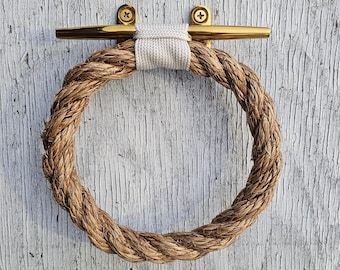 Manila Rope Towel Ring: Brass Cleat Nautical Coastal Decor