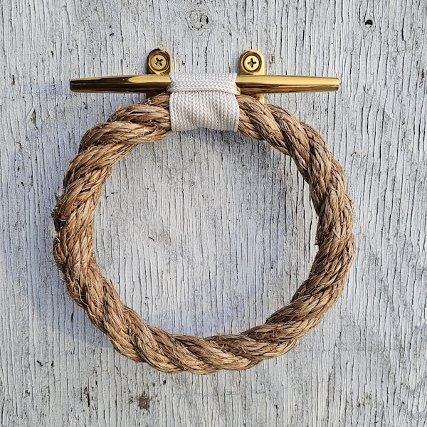 Manila Rope Towel Ring with Brass Cleat | Nautical Bathroom Decor