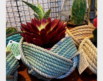 Nautical Rope Bowl Woven Basket Recycled Rope Catch All Two Color Silver Natural Tan Green 5"x 5" Decorative Knotted Handmade Mother's Day