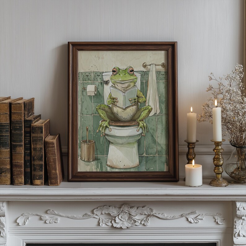 Funny Frog Bathroom Wall Art – Frog on Toilet Reading Poster | Quirky ...