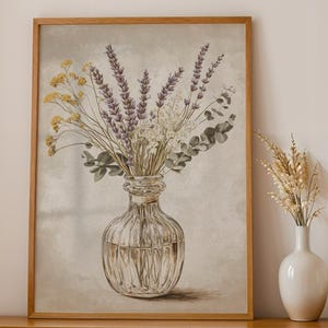 Arte mural rústico de flores secas: estampado botánico neutro, póster con jarrón de lavanda y eucalipto, decoración rústica para cocina o dormitorio.