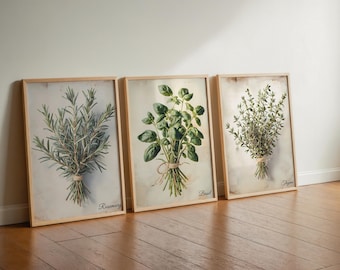 Ensemble d'art mural herbes, impressions botaniques vintage, romarin, basilic, thym, décoration champêtre française, herbes de ferme, mur de galerie de cuisine Cottagecore