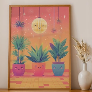 Dancing Plants Wall Art – Funny Disco Ball Plant Print, Retro Botanical Poster, Kawaii Home Decor, Plant Lover Gift, Digital Download
