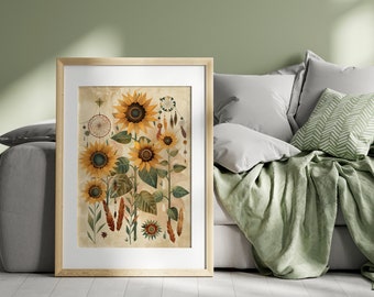 Sunflower Wall Art | Boho Bedroom Decor | Earthy Wall Art | Floral Print | Botanical Digital Download | Printable Illustration Art