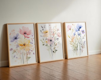 Floral Watercolor Print Set Of 3 | Wildflower Wall Art | Printable Colorful Flower Artwork | Digital Download | Wild Flower Botanical Prints