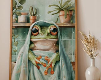 Cute Frog Bathroom Wall Art Print – Cozy Frog Wrapped in Towel Poster | Whimsical Animal Artwork for Bathroom, Cottagecore, Plant Lover Gift