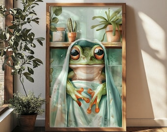 Żaba na ścianę, Przytulna żaba owinięta ręcznikiem, Fantazyjny plakat do łazienki, Grafika z motywem zwierząt w stylu Cottagecore, Prezent dla miłośnika żab