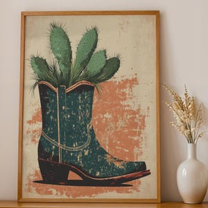 Cactus muurkunst cowboylaars | Westers rustiek decor | Vintage woestijnposter | Boho Southwestern Home Art | Landelijk cadeau-idee