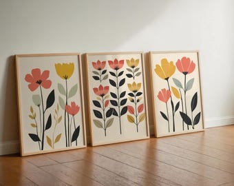 Boho Abstrakte Blumenkunstdrucke, 3er-Set minimalistische Blumendrucke, Terrakotta / neutrale Kunst für Wohnzimmer, Vintage Geometrisches Pflanzendekor