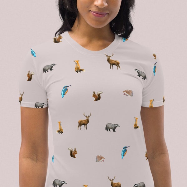 Wildtiere des Vereinigten Königreichs Hellblau/Grau Frauen-T-Shirt mit Rundhalsausschnitt, Igel, Rotwild, Eisvogel, Eichhörnchen, Dachs, Fuchs!