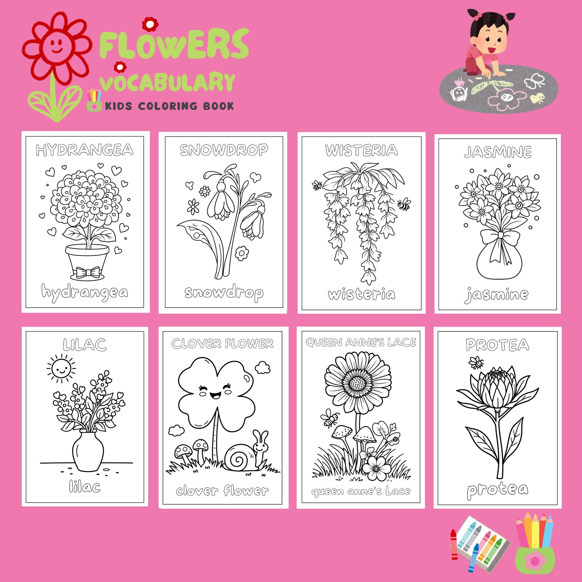 Flower Vocabulary Coloring Pages Printable Floral Words Educational Art ...