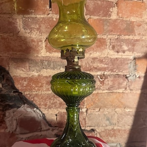 Vintage green glass oil lamp with chimney Hong Kong