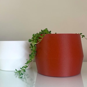 May include: Two tapered cylindrical planters, one matte white and one terracotta red, featuring a smooth finish. A trailing green succulent plant with small round leaves spills over the edge of the larger red planter, partially obscuring the white one.
