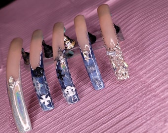 Ongles à presser en denim acrylique incurvés chics, touche de petit doigt bling-bling, kit d'entretien complet, cadeau parfait pour prendre soin de soi