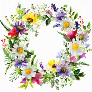 Couronne de fleurs sauvages aquarelle Clipart 12 PNG/JPG artisanat en papier usage Commercial Clipart imprimable aquarelle fleurs indésirables carnets fabrication de cartes