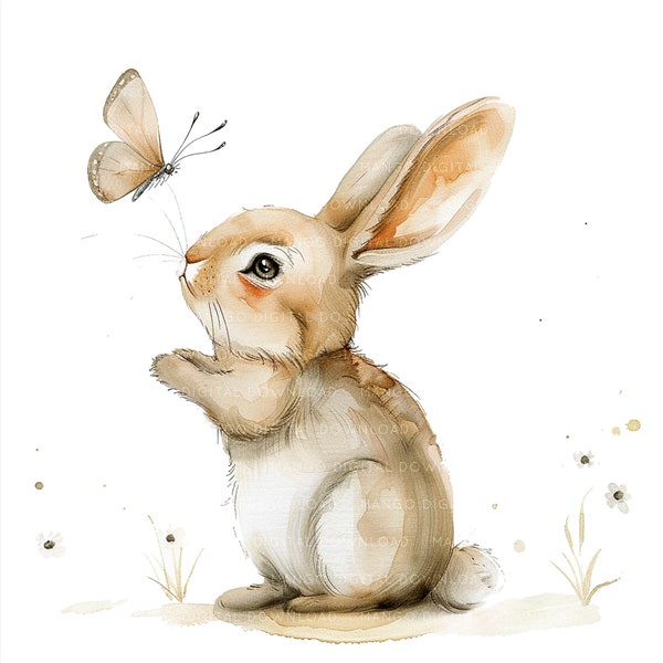 Bunny Clipart Bunny with Butterfly Bunny Watercolor clipart Cute bunny 12 JPGs Commercial use Clip Art Digital Download Digital Planner